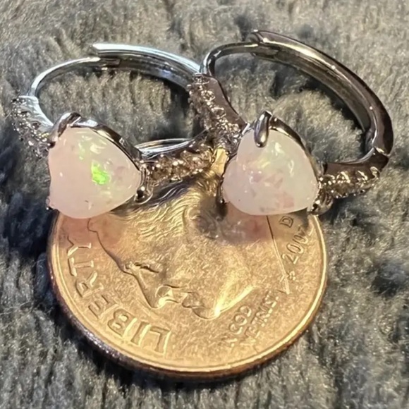 Heart Shaped Simulated Opal & Cubic Zirconia Hoop Lightweight, Dainty Earrings - Picture 6 of 7